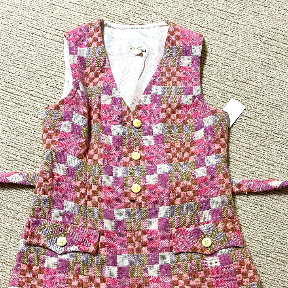 Vintage pink & tan checkered vest women S 2 S/XS - cottage core, one of a kind